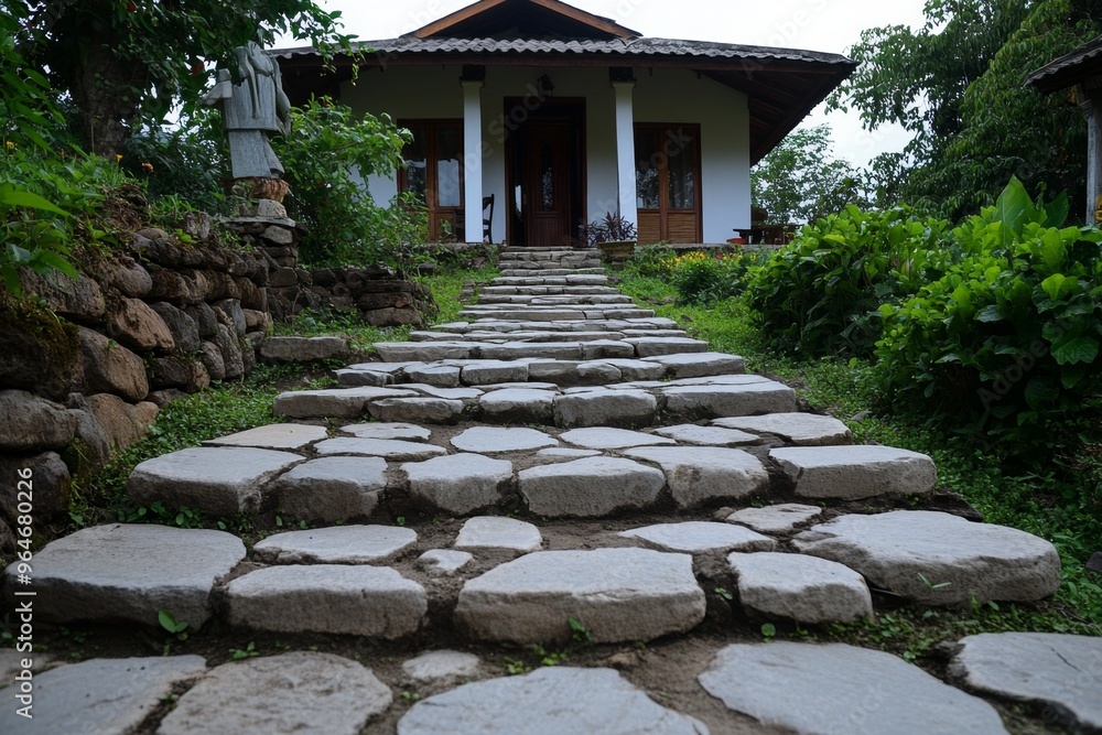 Obraz premium Walkway of cracked stones leading up to the house, with faint whispers carried by the breeze as if the stones themselves are alive