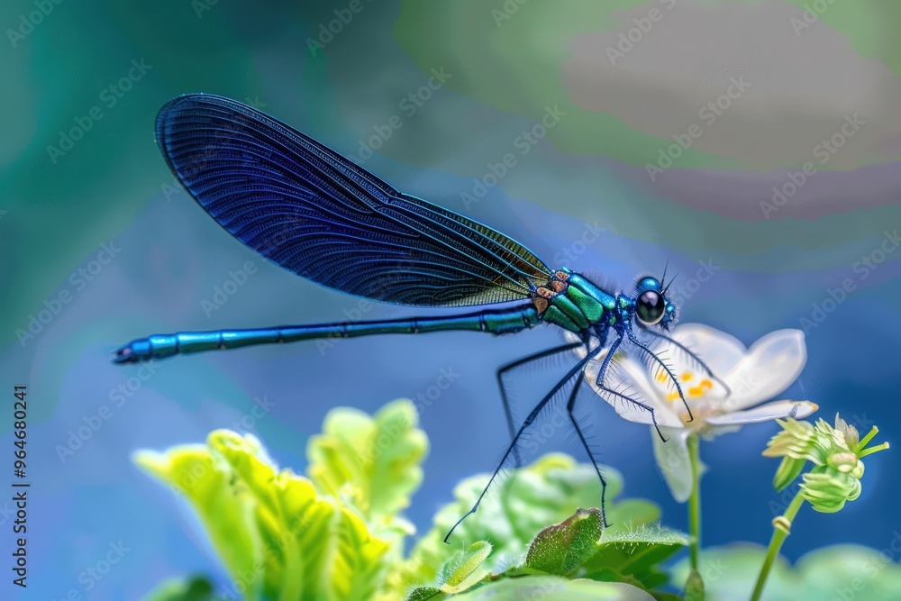 Close-up of a dragonfly resting on a reed, wings glistening, wetland background. Beautiful simple AI generated image Close-up of a dragonfly resting on a reed, wings glistening, wetland background. Beautiful simple AI generated image