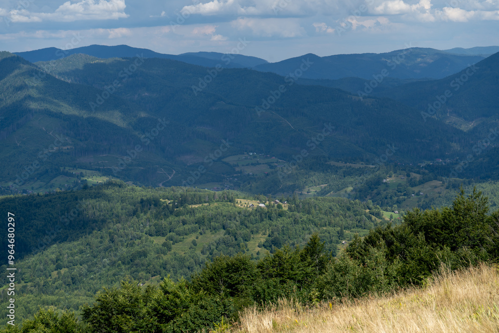 Mountain ranges Carpathian. Hill forest meadows valley in summer Mountain ranges Carpathian. Hill forest meadows valley in summer