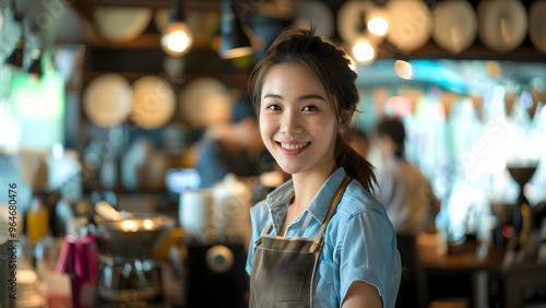 Young radiant Asian female barista is making a café latte with a gentle smile. Her hair is pony tail, and she's dressed in a neat café uniform. There's a sparkle of passion for coffee in her eyes