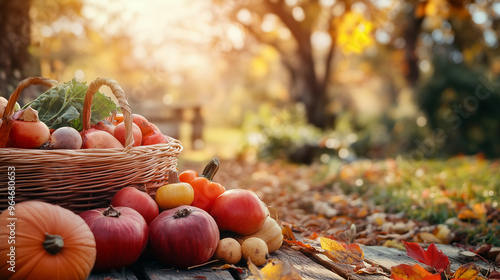 Authentic Thanksgiving Day traditions in a rural countryside, vegetable harvest outdoors and autumn leaves and trees background