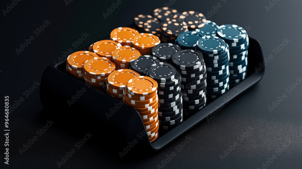 A set of colorful poker chips stacked neatly in a black tray. The chips are in shades of orange, black, and blue, with distinct white markings on each. A set of colorful poker chips stacked neatly in a black tray. The chips are in shades of orange, black, and blue, with distinct white markings on each.