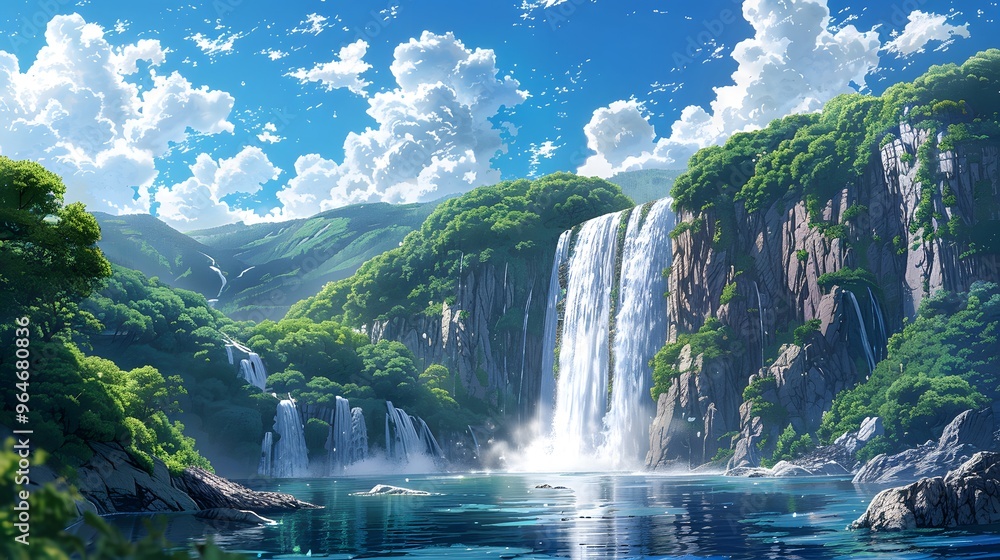 Fototapeta premium A majestic waterfall cascades down towering cliffs into a serene blue lagoon, surrounded by lush greenery and vibrant flora. The scene is tranquil and picturesque, evoking a sense of natural beauty