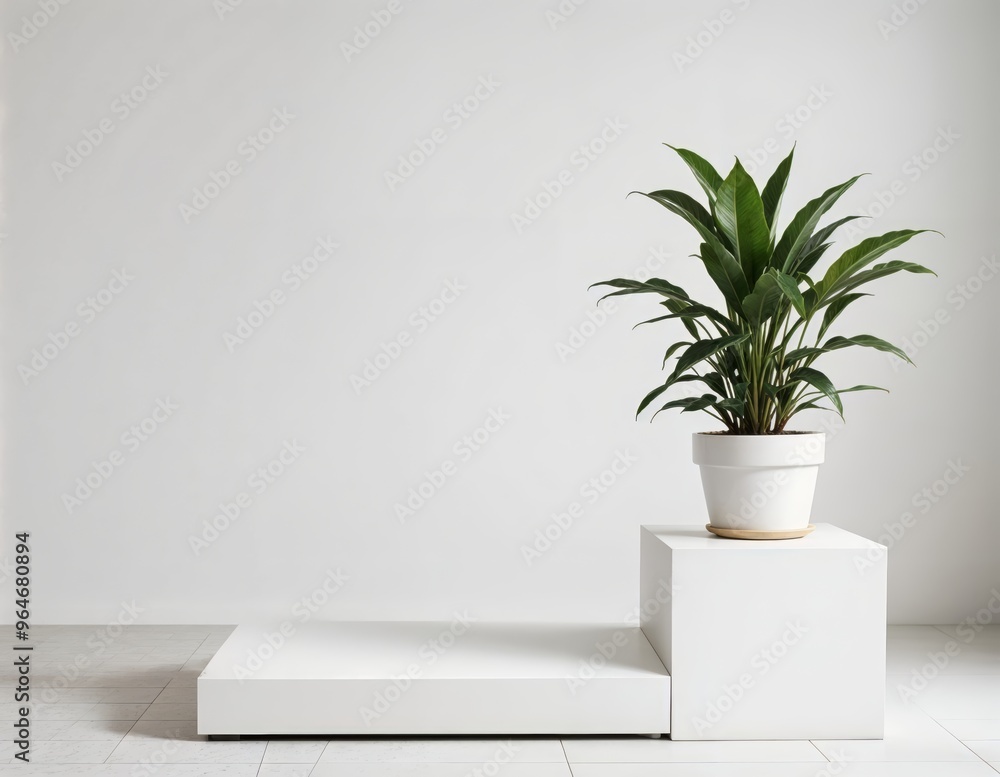 Modern Indoor Plant Display on Minimalistic White Platform Enhancing Interior Decor Modern Indoor Plant Display on Minimalistic White Platform Enhancing Interior Decor