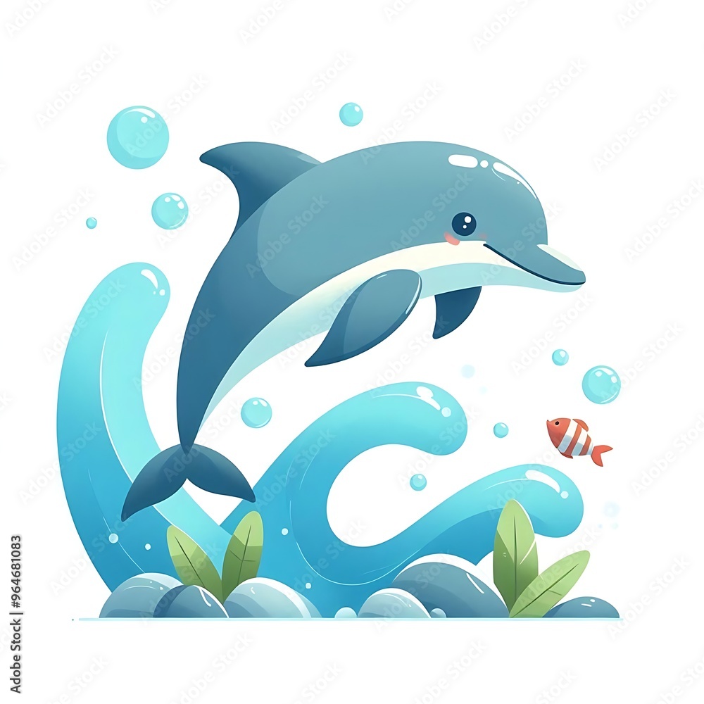 Obraz premium Cute happy dolphin cartoon flat style illustration., character, white background animal