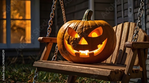 A jack-o'-lantern sitting on a porch swing, with a warm glow emanating from its carved face perfect for Halloween photo