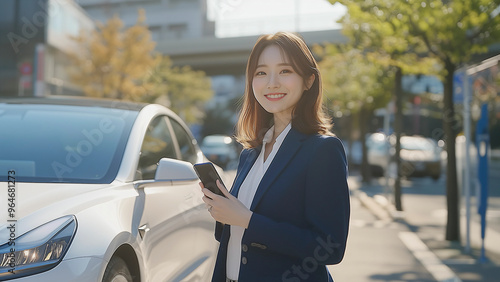 In the parking lot, a beautiful Asian woman is smiling while using her smartphone to unlock her EV car. She wears business casual attire with a navy blazer and navy white shirt.