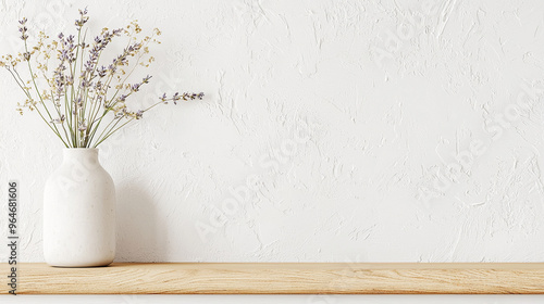 A white vase with purple flowers sits on a wooden shelf