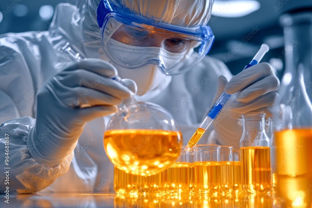 Team of scientists wearing protective gear conducting experiments with biohazardous materials Team of scientists wearing protective gear conducting experiments with biohazardous materials