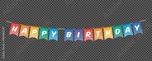 happy birthday bunting garland, colorful pennants with white letters, party lettering banner, birthday card, vector illustration