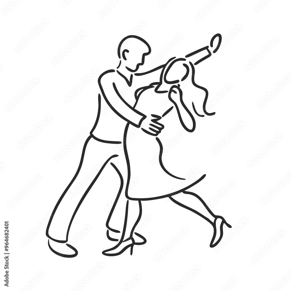 Stylized line drawing of a couple dancing elegantly in a joyful ballroom atmosphere Stylized line drawing of a couple dancing elegantly in a joyful ballroom atmosphere