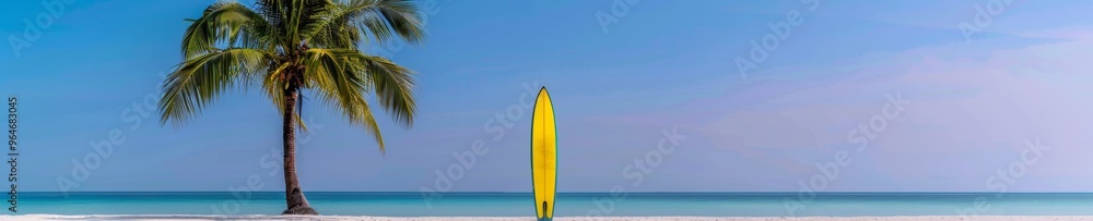 Minimalistic Tropical Scene with a Yellow Surfboard Leaning Against a Palm Tree on Sandy Shore During Daytime Minimalistic Tropical Scene with a Yellow Surfboard Leaning Against a Palm Tree on Sandy Shore During Daytime