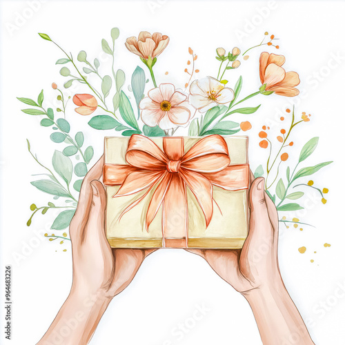 Hands presenting a wrapped gift box with ribbon surrounded by holiday decorations. generative