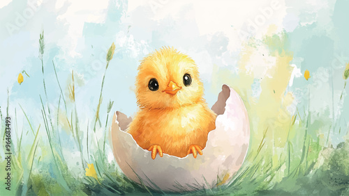 Cute Little Chicken Sitting In Eggshell Watercolor Illustration For Childrens Book Adorable Chick Character Cozy Eggshell Colorful Watercolor Art Nesting Scene Kids Storybook