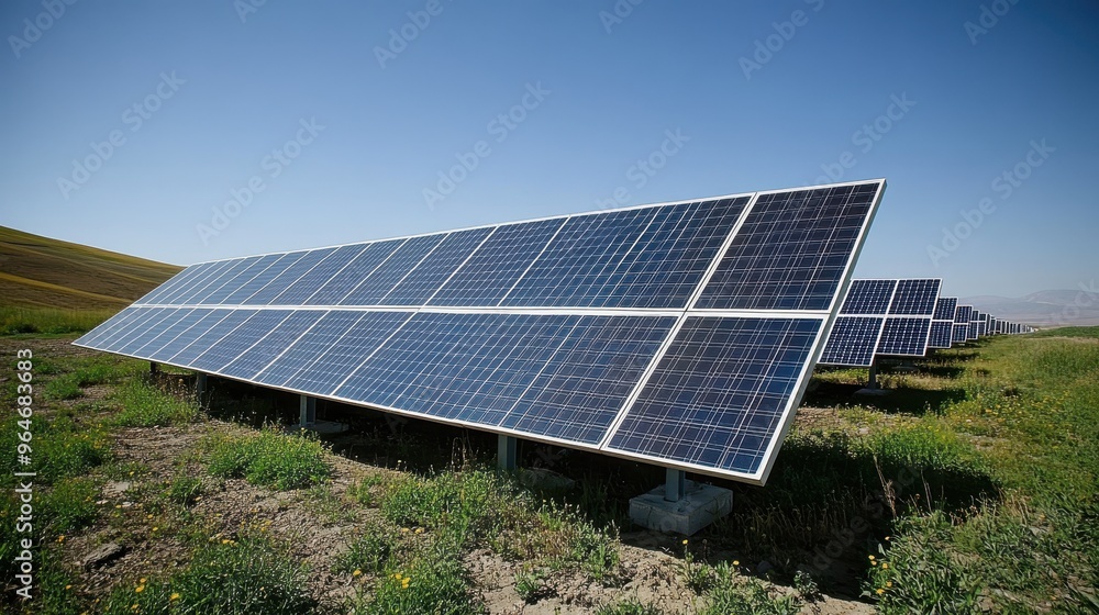 A row of solar panels harnessing renewable energy on a sunny day, surrounded by green grass and hills. A row of solar panels harnessing renewable energy on a sunny day, surrounded by green grass and hills.