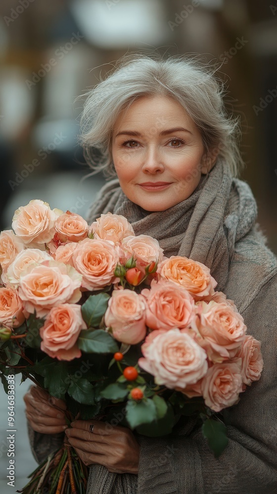 Stylish Woman Holding a Large Bouquet of Peach Roses in a Cozy Outdoor Setting Stylish Woman Holding a Large Bouquet of Peach Roses in a Cozy Outdoor Setting