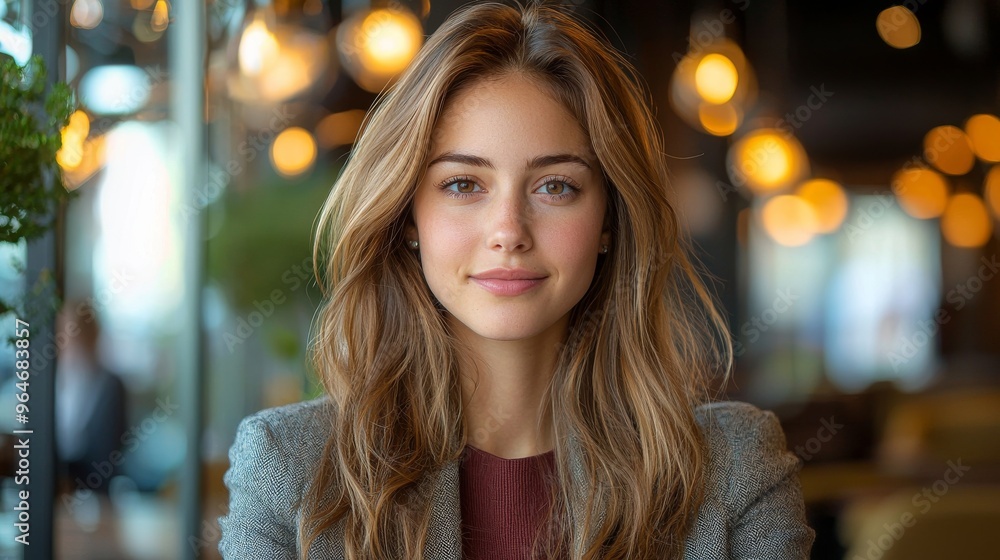 A Young Woman With Long Brown Hair Enjoying a Casual Moment in a Modern Café A Young Woman With Long Brown Hair Enjoying a Casual Moment in a Modern Café