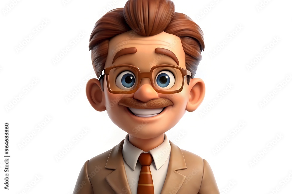 Smiling cartoon man with glasses and mustache on white background in brown suit Smiling cartoon man with glasses and mustache on white background in brown suit