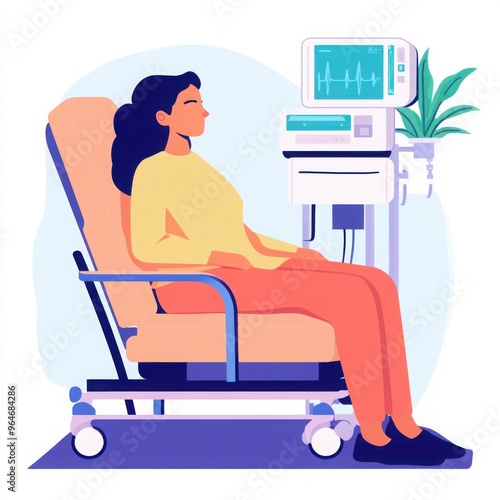 Home dialysis setup, patient preparing for treatment, flat design illustration