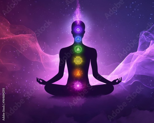Illustration Depicting Chakra Alignment and Energy Flow in a Serene Setting