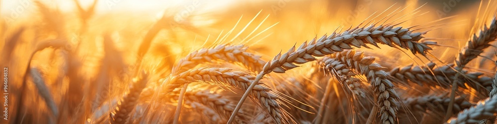 Golden ripe ears of wheat in nature in a summer field in the setting rays of the sun, close-up macro photography. Ultra-wide format. Golden ripe ears of wheat in nature in a summer field in the setting rays of the sun, close-up macro photography. Ultra-wide format.