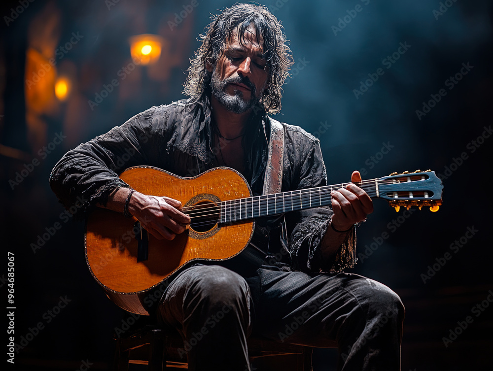 Obraz premium Bearded musician playing guitar in dim lighting 