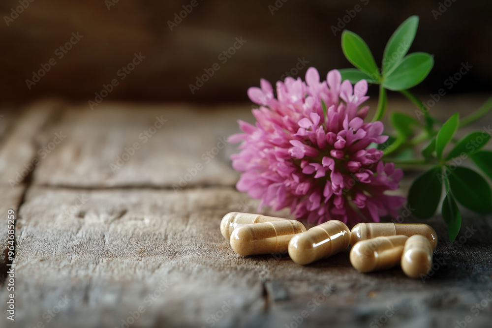 Red clover flower lying on a wooden table next to capsules containing ground dried red clover as an herbal supplement Red clover flower lying on a wooden table next to capsules containing ground dried red clover as an herbal supplement