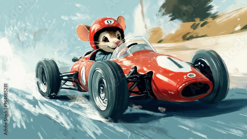 Cute Little Mouse In Red Helmet Driving Vintage Formula 1 Car Cartoon Illustration Childrens Book Adorable Racing Character Classic Race Car Whimsical Speed Scene Playful Animal
