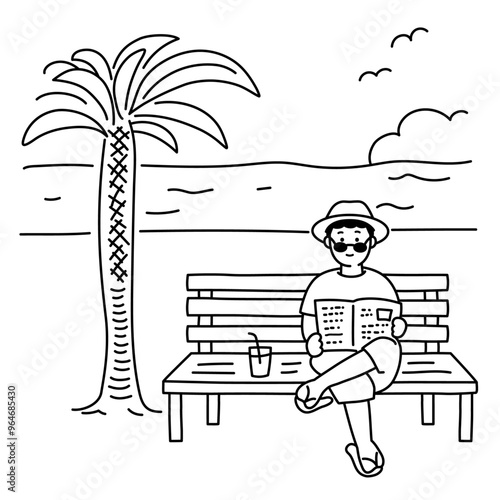 海辺のベンチでのんびり新聞を読む人のイラスト