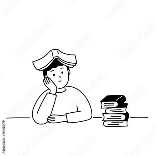 本を頭に乗せて空想にふける人のイラスト
