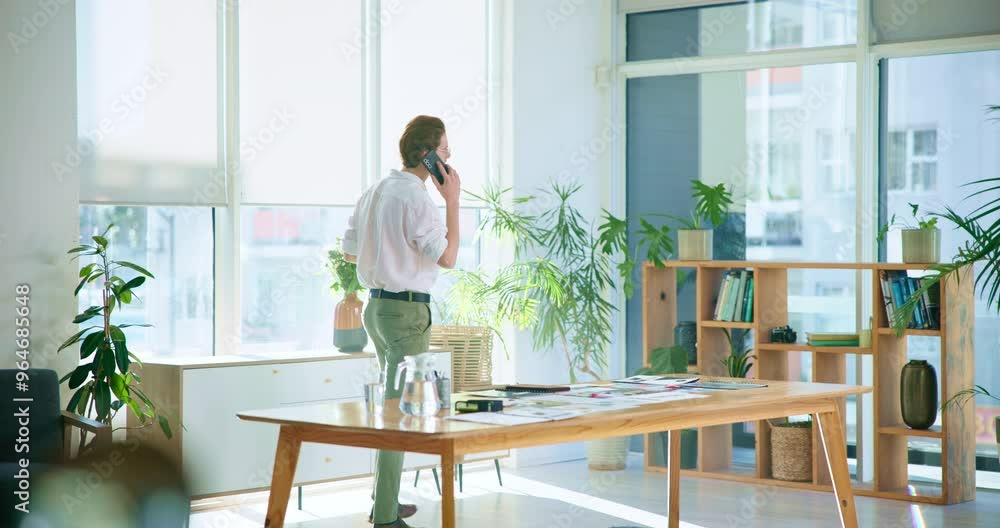 Office, creative agency and businessman with phone call for conversation, negotiation and networking. Career, employee or interior designer with mobile for discussion, ideas and startup with contact