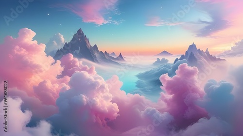 Digital painting of a fantastical landscape featuring a vibrant sky with pink and purple clouds, majestic mountains, and a body of water