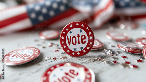 A bunch of red and white buttons with the word Vote on them photo