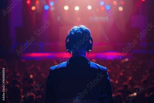 A man in a suit stands in front of a crowd of people, wearing headphones,generative ai image