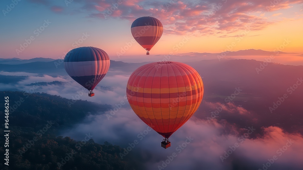 Colorful balloons hovering over the mountains at dawn, against a background of blue sky and greenery Colorful balloons hovering over the mountains at dawn, against a background of blue sky and greenery
