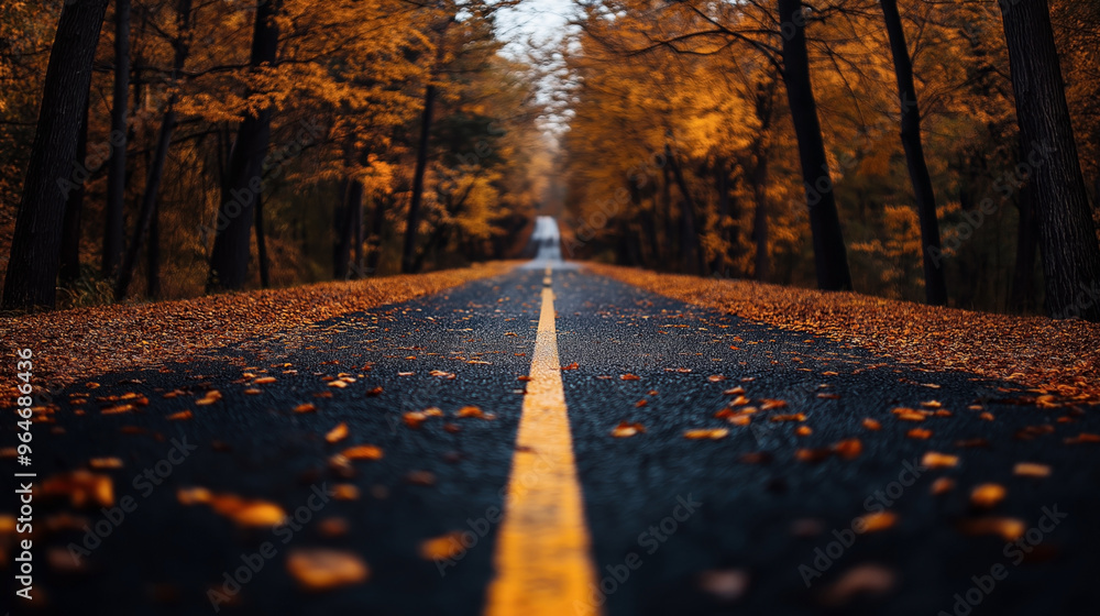 A straight asphalt road with a yellow dividing line stretches through a ...