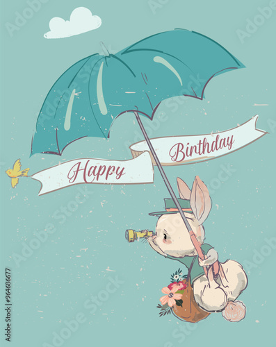 cute hare fly on umbrella