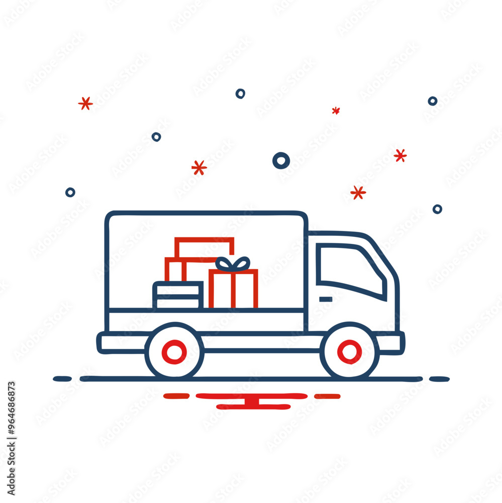 Red and blue icon of a delivery truck with Christmas packages Red and blue icon of a delivery truck with Christmas packages