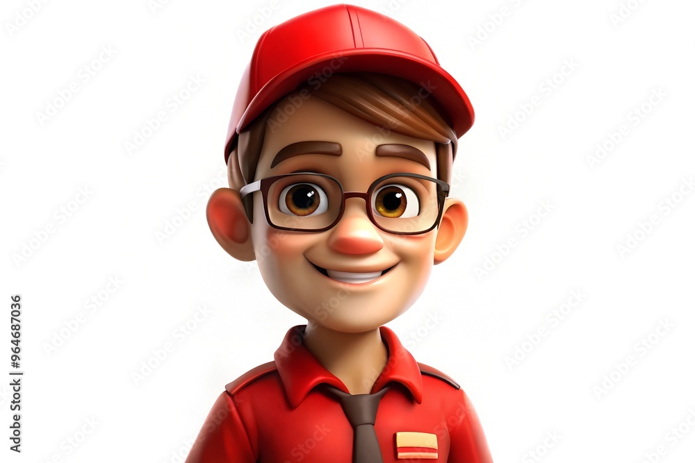 Cheerful cartoon delivery boy with red cap and glasses smiling Cheerful cartoon delivery boy with red cap and glasses smiling