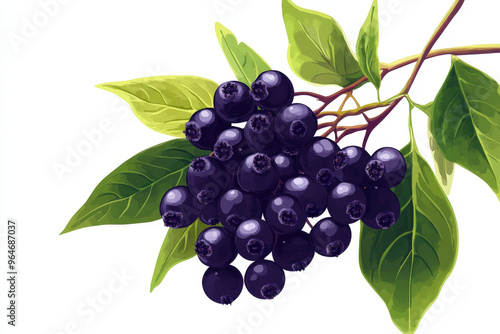 Detailed illustration of aronia berries with leaves, growing on a branch