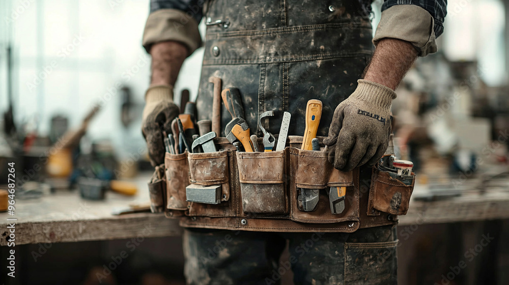 A man is holding a tool belt with various tools on it