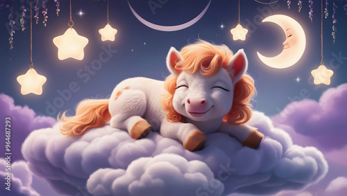 Cute fluffy white and orange pony is sleeping on a cloud, relaxing on a moon and stars background. photo