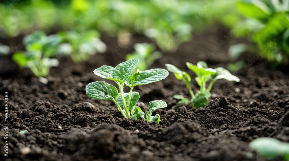 Close-up of young green plants growing in rich brown soil. The new life represents growth, spring, and the promise of a bountiful harvest. Close-up of young green plants growing in rich brown soil. The new life represents growth, spring, and the promise of a bountiful harvest.