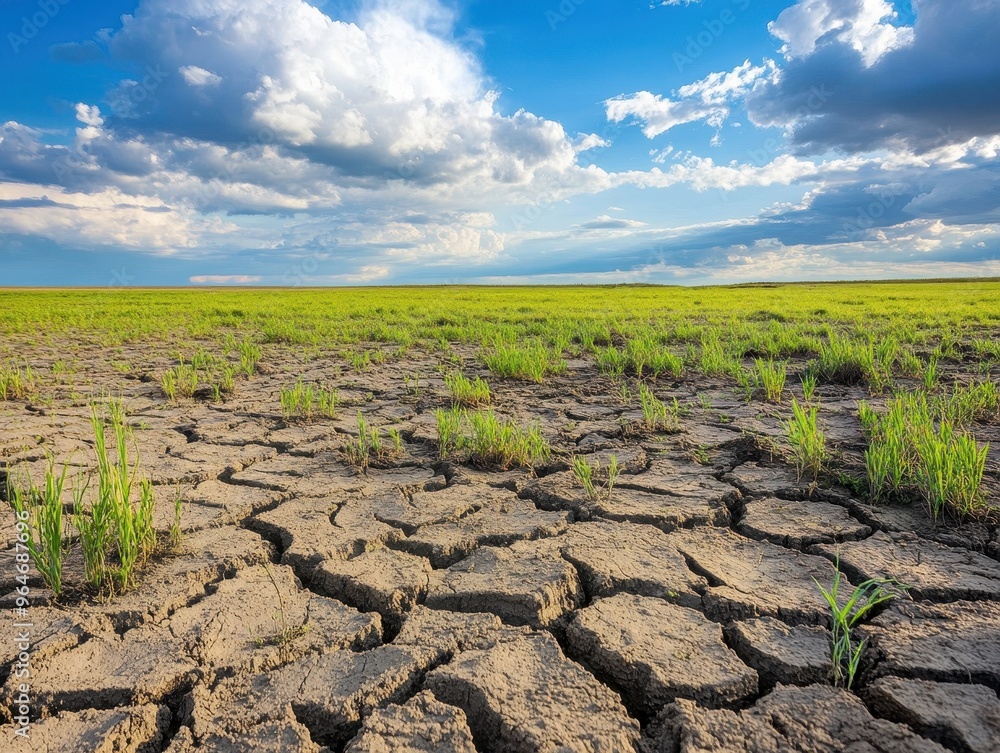 Cracked earth with sparse green grass under a blue sky with white clouds. Cracked earth with sparse green grass under a blue sky with white clouds.