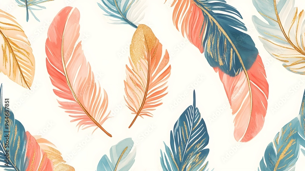 Obraz premium Watercolor Tropical Leaves with Gold Glitter Seamless Pattern