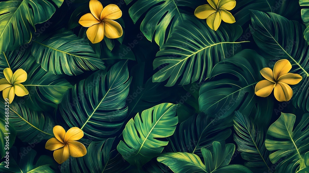 Tropical Leaf and Flower Pattern Green and Yellow Tropical Leaf and Flower Pattern Green and Yellow