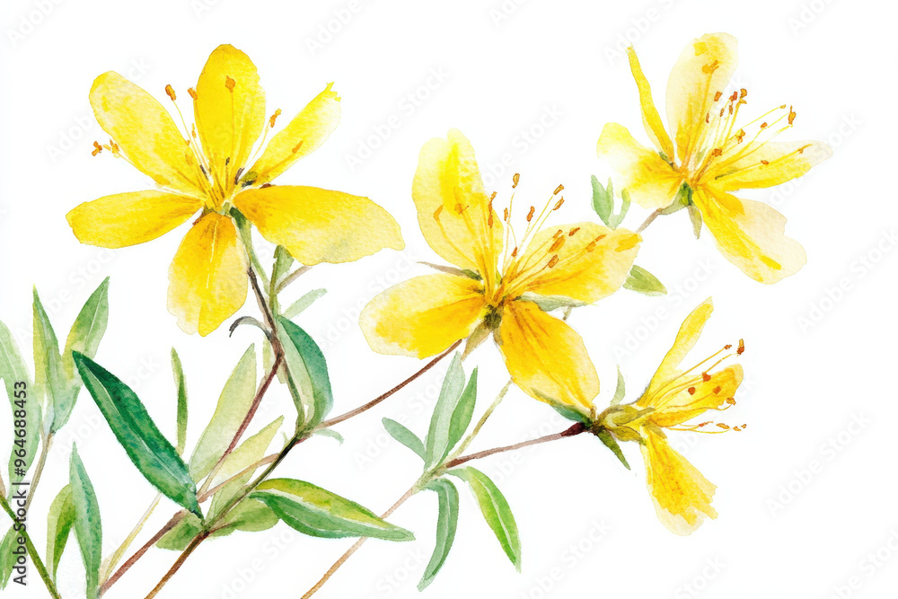 Obraz premium Watercolor painting representing st john's wort flowers blooming, for health and herbal medicine concept