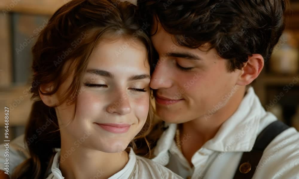 A tender moment between young lovebirds in a rustic setting at sunset A tender moment between young lovebirds in a rustic setting at sunset