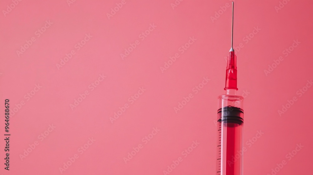 Syringe with red liquid and drop on pink background, concept of donorship Syringe with red liquid and drop on pink background, concept of donorship