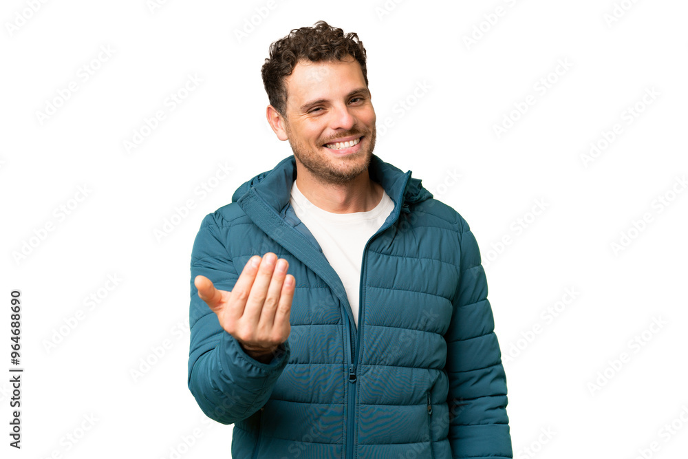Brazilian man over isolated chroma key background inviting to come with hand. Happy that you came Brazilian man over isolated chroma key background inviting to come with hand. Happy that you came